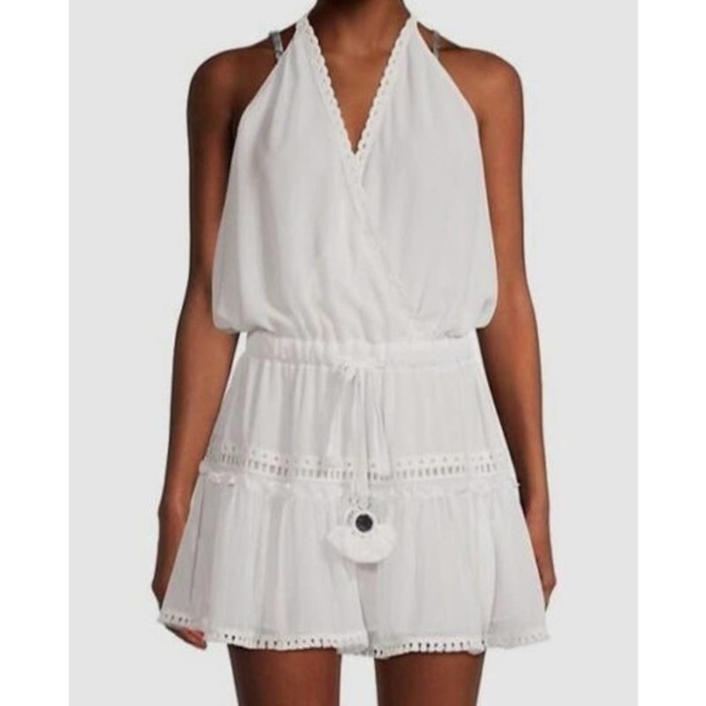 Ramy Brook Women White Marla Open Back Embroidered Mini Halter Dress Size L